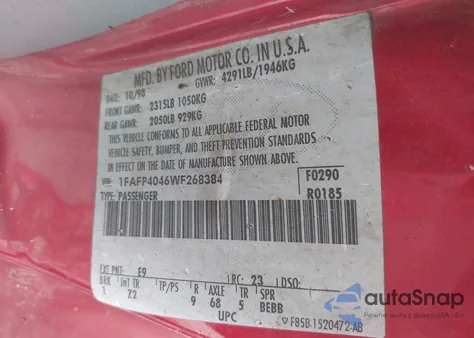 1998 Ford Mustang z USA, uszkodzony, nr VIN 1FAFP4046WF268384